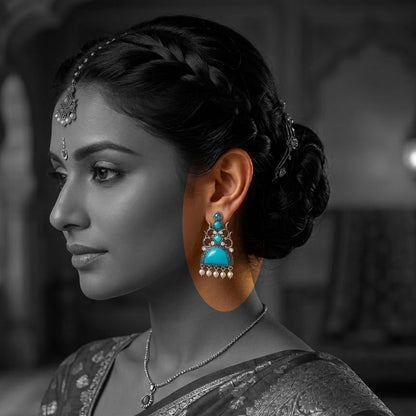 Oxidized Statement Jhumkey with Color Stone & Pearl Drops