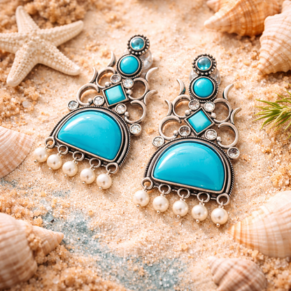 Oxidized Statement Jhumkey with Color Stone & Pearl Drops