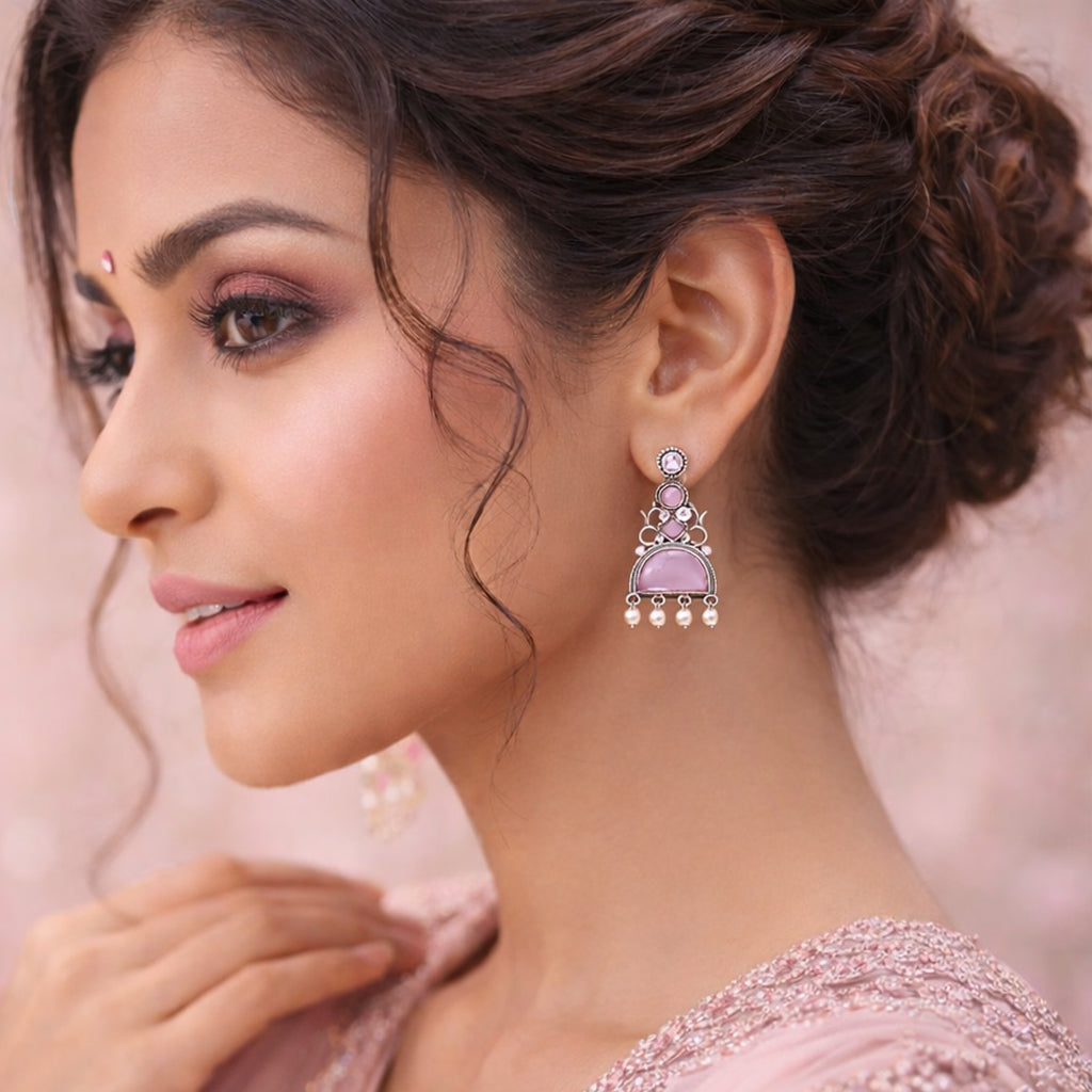 Oxidized Statement Jhumkey with Color Stone & Pearl Drops