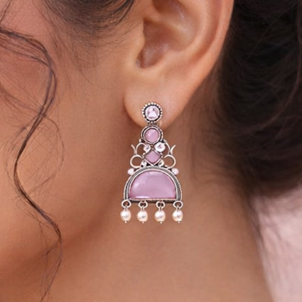 Oxidized Statement Jhumkey with Color Stone & Pearl Drops
