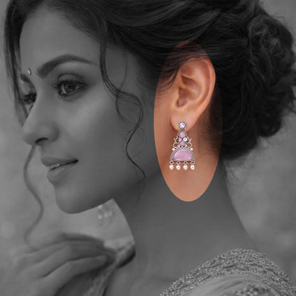 Oxidized Statement Jhumkey with Color Stone & Pearl Drops
