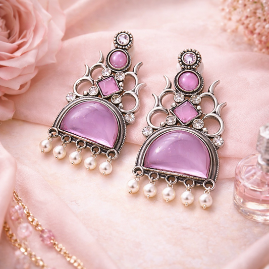 Oxidized Statement Jhumkey with Color Stone & Pearl Drops