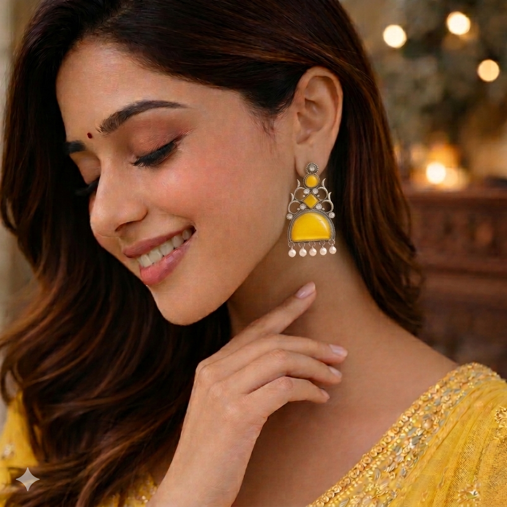 Oxidized Statement Jhumkey with Color Stone & Pearl Drops