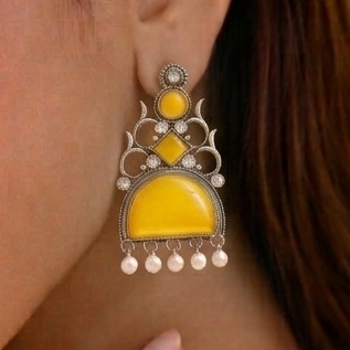 Oxidized Statement Jhumkey with Color Stone & Pearl Drops