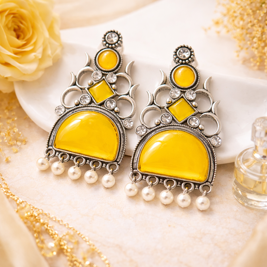 Oxidized Statement Jhumkey with Color Stone & Pearl Drops
