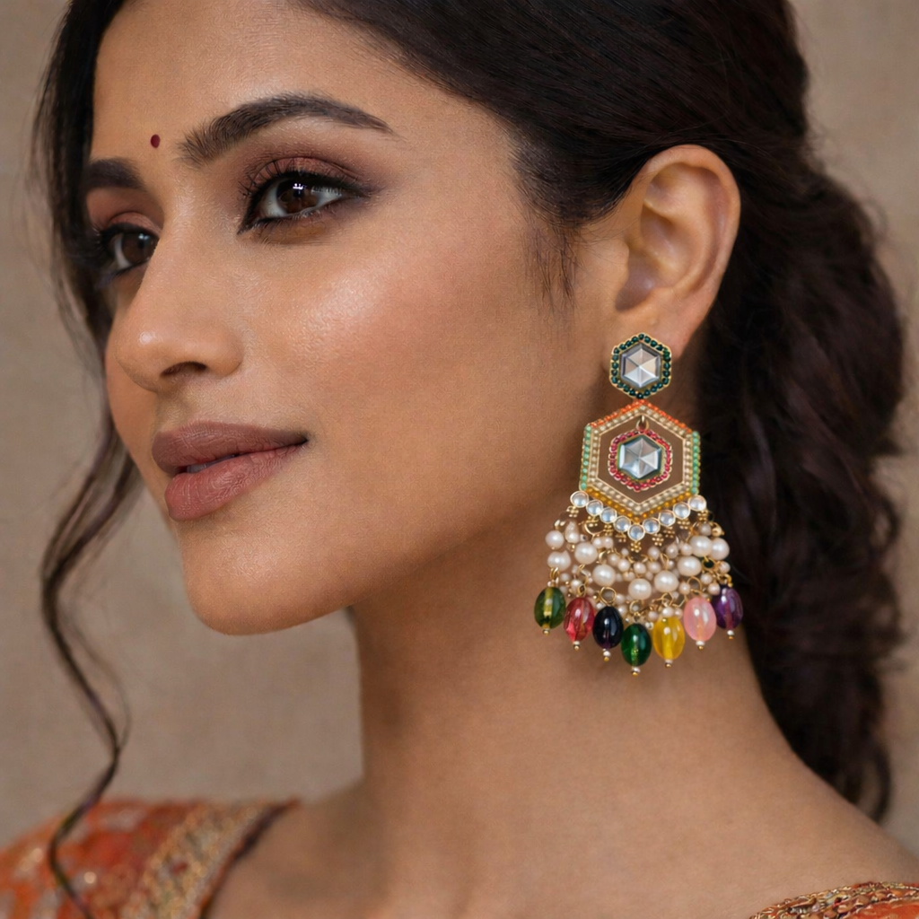 Luxury Multi-Color Kundan Pearl Drop Statement Earrings