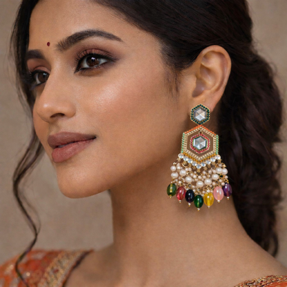Luxury Multi-Color Kundan Pearl Drop Statement Earrings