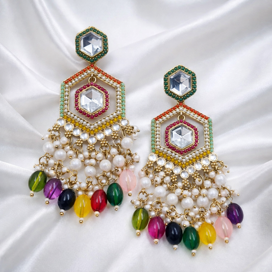 Luxury Multi-Color Kundan Pearl Drop Statement Earrings