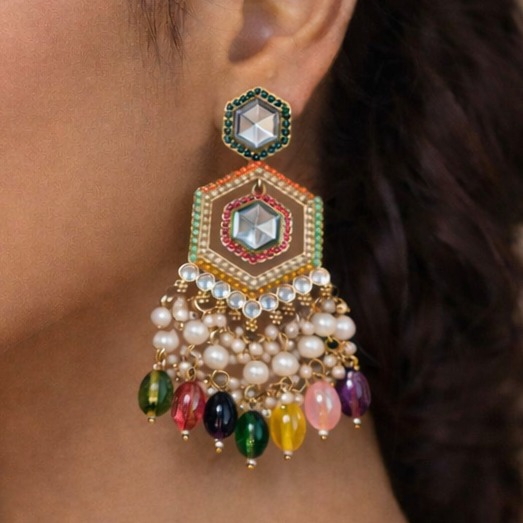 Luxury Multi-Color Kundan Pearl Drop Statement Earrings