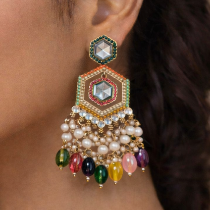 Luxury Multi-Color Kundan Pearl Drop Statement Earrings