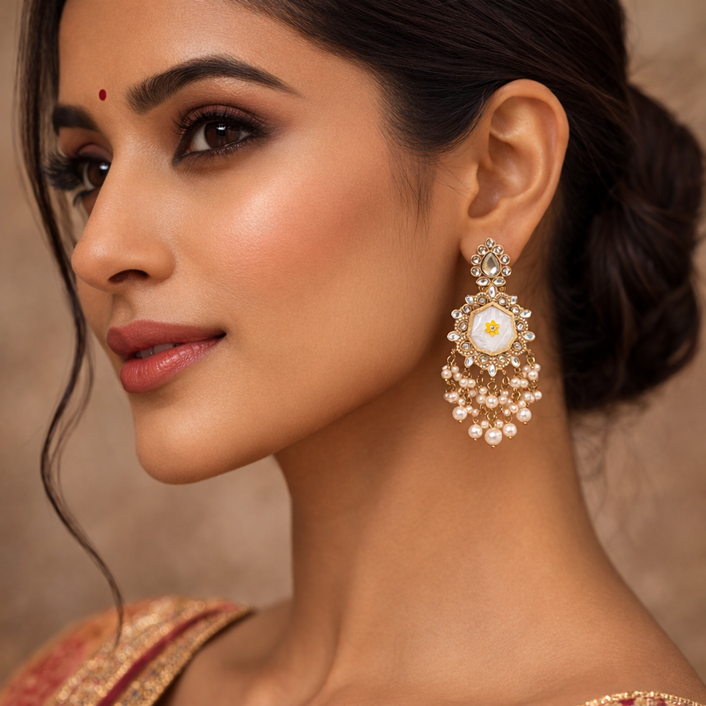 Elegant White Kundan Pearl Drop Statement Earrings