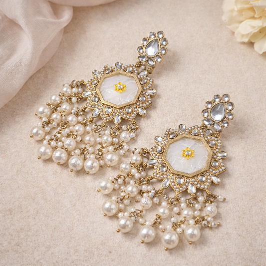 Elegant White Kundan Pearl Drop Statement Earrings