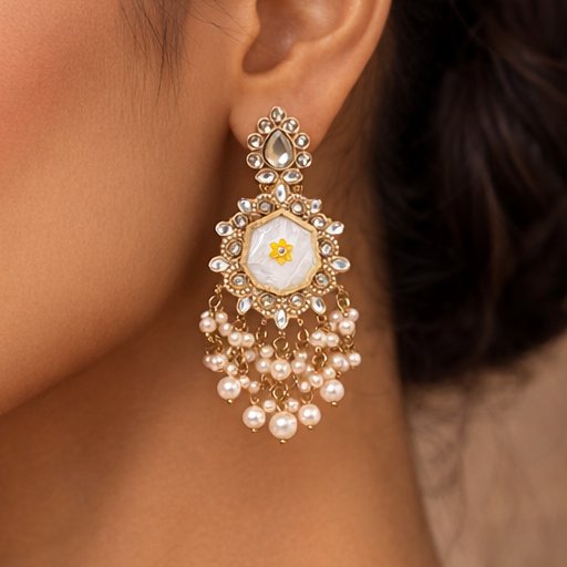 Elegant White Kundan Pearl Drop Statement Earrings