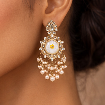Elegant White Kundan Pearl Drop Statement Earrings