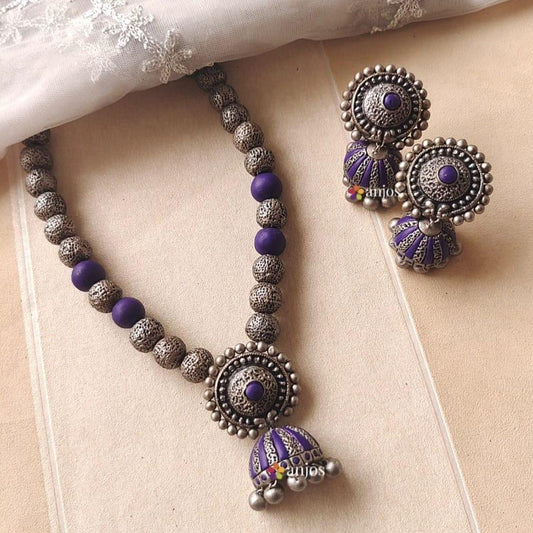 Neelambara Purple Terracotta Jhumka Necklace Set