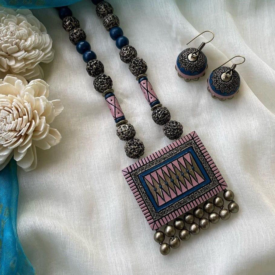 Padmika Blue-Pink Terracotta Pendant Necklace Set