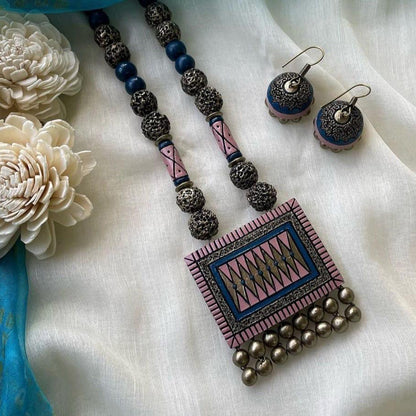 Padmika Blue-Pink Terracotta Pendant Necklace Set