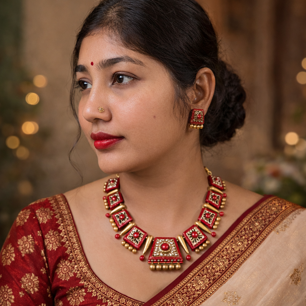 Raktima Red-Gold Terracotta Necklace Set